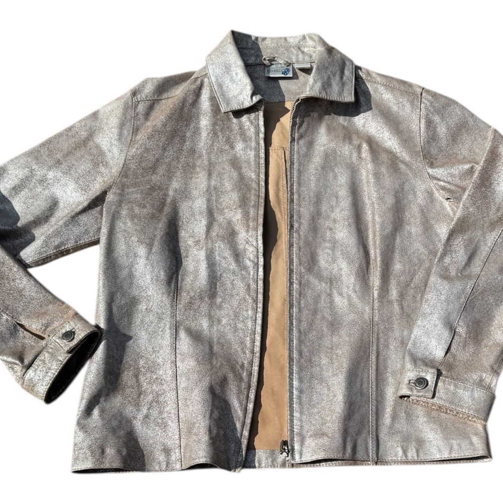 Chico's Gold & Silver Leather Jacket with Classic Collar and Full-Length Sleeves